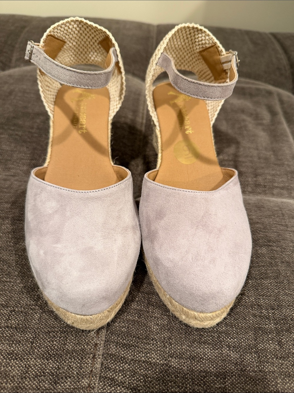 Cute pale grey Suede Espadrille Wedge Sandals with Ankle Strap